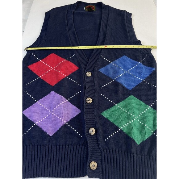 Boston Trader Vintage Men’s Slvless Navy Blue Argyle Button Up Preppy Vest Sz L - Picture 11 of 13
